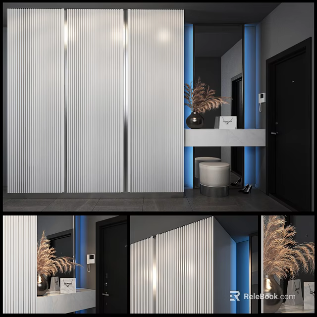 Modern Vertical Striped Wardrobe Interior Design With Console Table And Dried Plant Vase 3d model 