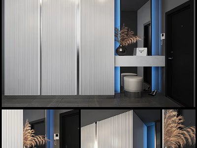 Modern Vertical Striped Wardrobe Interior Design With Console Table And Dried Plant Vase 3d model