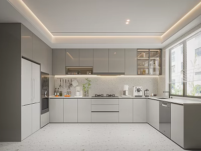 Modern Kitchen Interior With Gray Cabinets Island Countertop And Stainless Steel Appliances 3d model