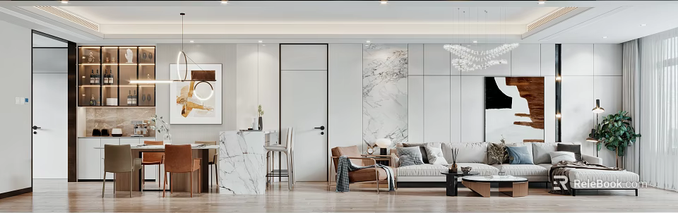 Modern Living Dining Room Interior Design With Marble Wall Sofa And Pendant Lights 3d model