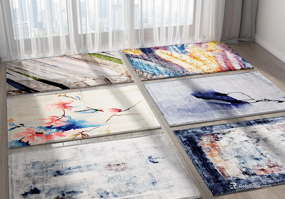 Colorful Square Rugs With Watercolor Floral And Abstract Designs For Home Decor 3d model 