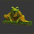 Yellow Reptile In Orange Kimono Sitting On Red Platform With No Pain No Gain Text