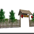 Garden Landscape With White Picket Fence Green Trees Bamboo Pink Flowers Red Tree Green Lawn