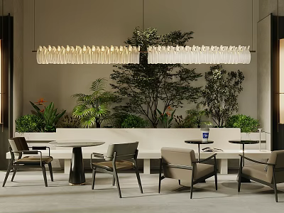 Modern Milk Tea Shop Interior Design With Chandeliers Green Plants And Comfortable Tables Chairs 3d model