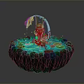 Red Haired Female Character In Glowing Pool With Lily Pads And Aquatic Creatures