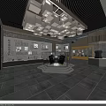 Cultural Center Interior Design With Exhibits Wall Displays Circular Platform And Pendant Lights