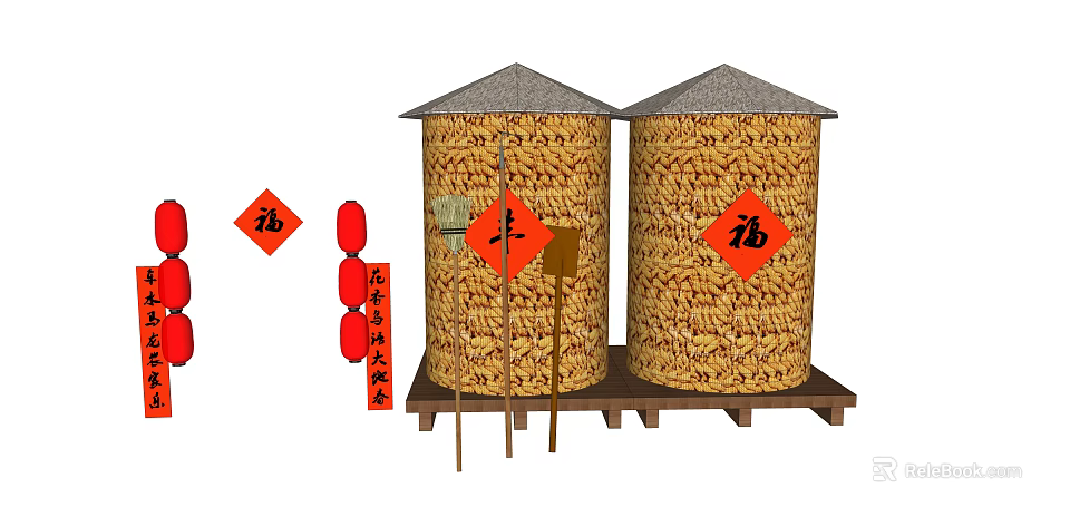 Two Traditional Grain Silos With Red Fortune Characters Hanging Lanterns And Harvest Theme 3d model 
