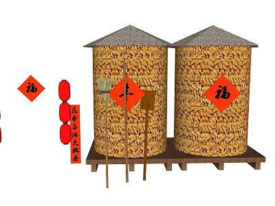 Two Traditional Grain Silos With Red Fortune Characters Hanging Lanterns And Harvest Theme 3d model