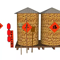 Two Traditional Grain Silos With Red Fortune Characters Hanging Lanterns And Harvest Theme