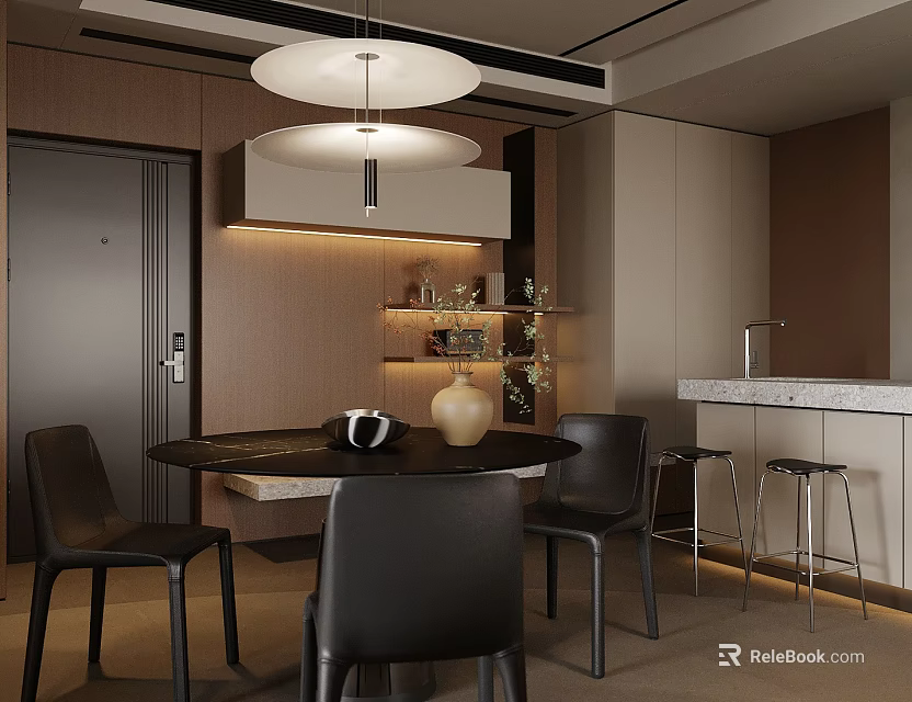 Modern Restaurant Interior With Black Dining Table Chairs Round Pendant Light And Bar Counter 3d model 