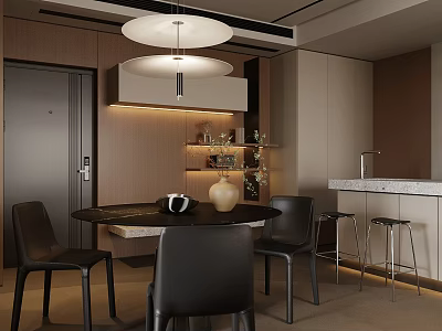 Modern Restaurant Interior With Black Dining Table Chairs Round Pendant Light And Bar Counter 3d model