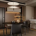 Modern Restaurant Interior With Black Dining Table Chairs Round Pendant Light And Bar Counter