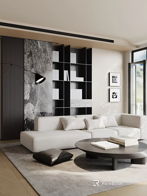 Modern Living Room Interior With Light Sofa Black Bookshelf Marble Wall And Round Coffee Table 3d model 