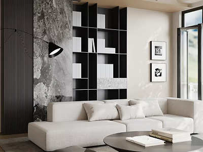Modern Living Room Interior With Light Sofa Black Bookshelf Marble Wall And Round Coffee Table 3d model