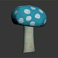 Teal Colored Edible Mushroom With White Spots On Cap And Brown Stem