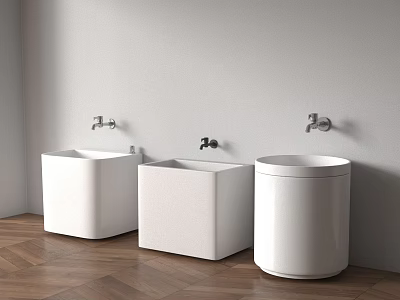 Three White Bathroom Accessories Featuring Wall Mounted Faucets On Wooden Floor 3d model