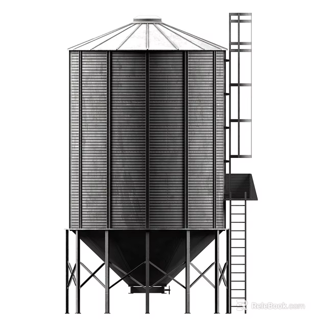 Metal Silo With Vertical Ribs Ladder And Industrial Support Structure Design 3d model 