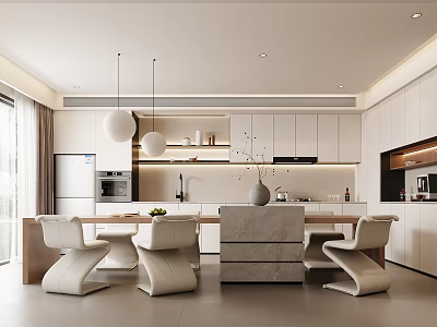 Modern Restaurant Interior Design With White Cabinets Pendant Lights Dining Table And Chairs 3d model