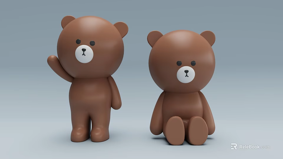 Cute Brown Bear Decorative Figurine Set With Standing Waving And Sitting Poses 3d model 