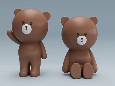 Cute Brown Bear Decorative Figurine Set With Standing Waving And Sitting Poses 3d model