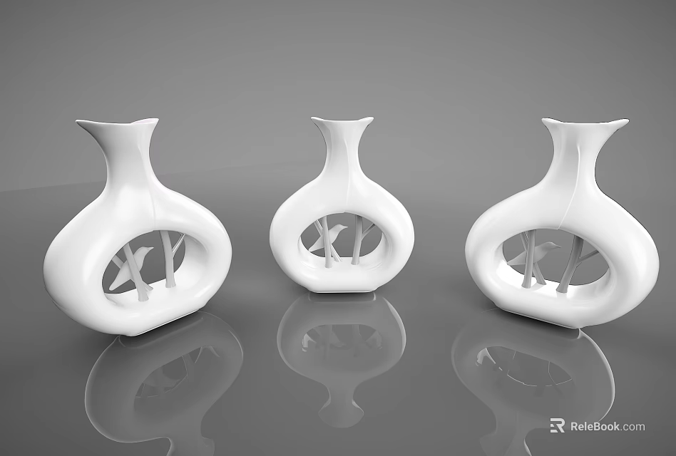 Three Modern White Openwork Vases With Reflection For Flower Decoration 3d model