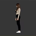 Woman in beige long sleeve top and dark jeans with white sneakers against gray background