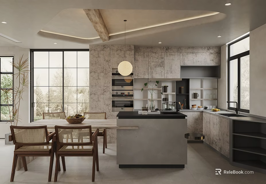 Modern Open Concept Dining Living Area With Pendant Light Large Windows And Wooden Accents 3d model 