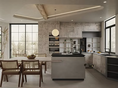 Modern Open Concept Dining Living Area With Pendant Light Large Windows And Wooden Accents 3d model