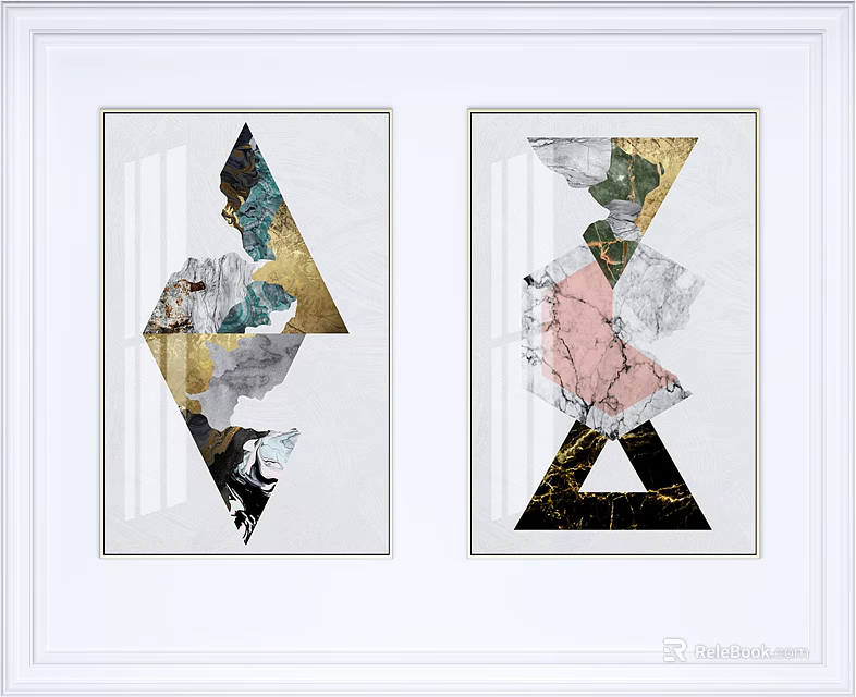 Modern Geometric Wall Art With Gold Pink Green Marble Textures In White Frames 3d model 