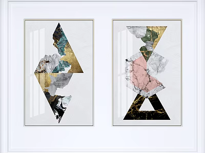 Modern Geometric Wall Art With Gold Pink Green Marble Textures In White Frames 3d model