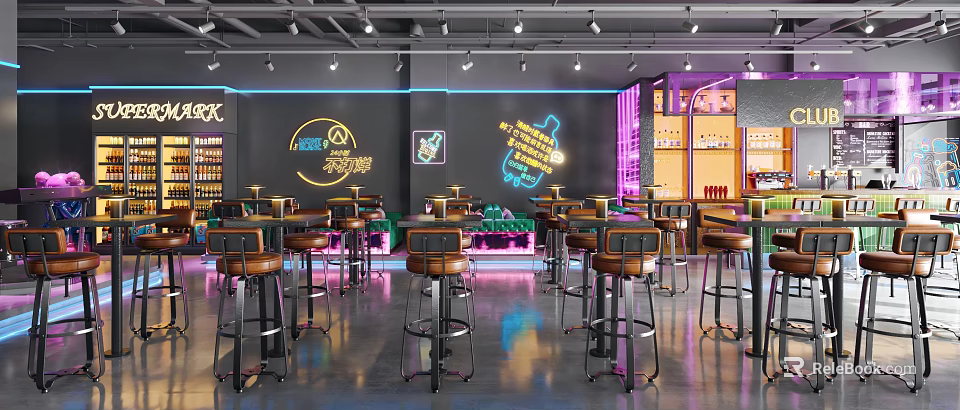 Modern Bar Interior With Neon Signs Bar Counter Leather Stools And Black Walls 3d model 