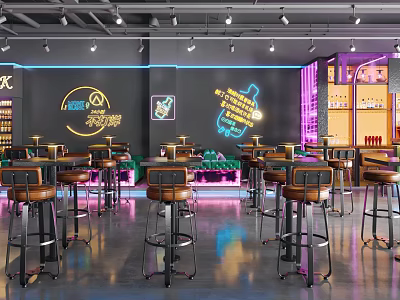 Modern Bar Interior With Neon Signs Bar Counter Leather Stools And Black Walls 3d model