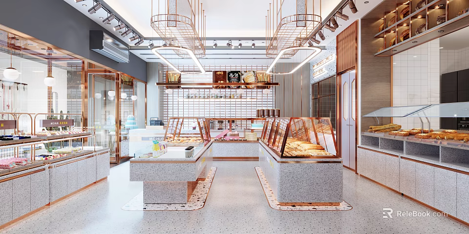 Modern Dessert Shop Interior With Glass Display Cases Stone Countertops And Pendant Lights 3d model 
