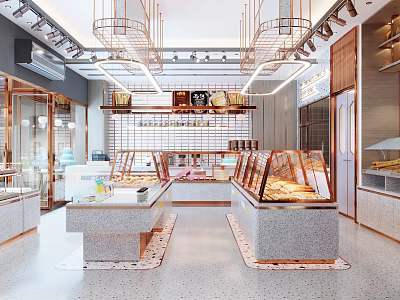 Modern Dessert Shop Interior With Glass Display Cases Stone Countertops And Pendant Lights 3d model
