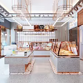 Modern Dessert Shop Interior With Glass Display Cases Stone Countertops And Pendant Lights