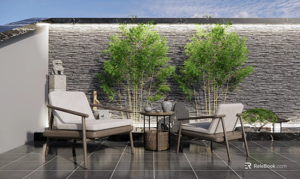 Outdoor Chair Table Set With Stone Wall Bamboo Plants And Black Tiled Floor 3d model 