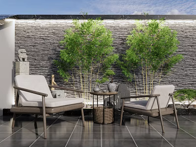 Outdoor Chair Table Set With Stone Wall Bamboo Plants And Black Tiled Floor 3d model