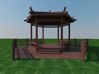Traditional Chinese Garden Landscape With Wooden Pavilion Steps Railing And Green Lawn 3d model