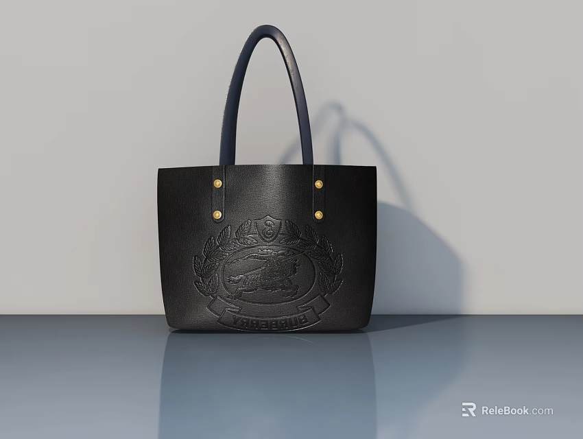 Elegant Black Leather Tote Bag With Embossed Badge And Blue Handles 3d model 