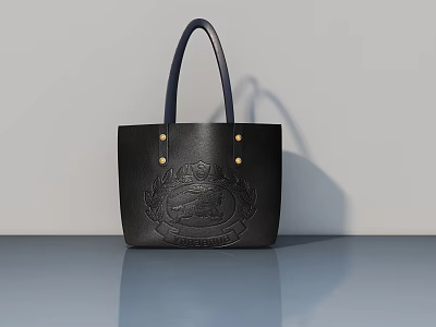 Elegant Black Leather Tote Bag With Embossed Badge And Blue Handles 3d model