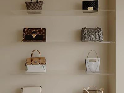 Various Stylish Handbags Displayed On Light Colored Shelves With Different Designs And Tones 3d model