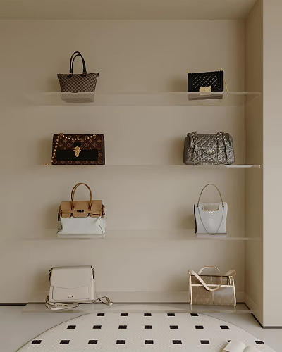Various Stylish Handbags Displayed On Light Colored Shelves With Different Designs And Tones 3d model