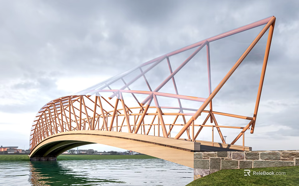 Wooden Arched Landscape Bridge Spanning Water With Grass And Cloudy Sky 3d model 