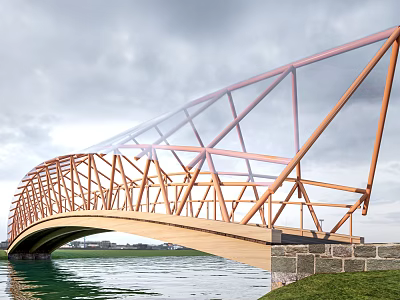 Wooden Arched Landscape Bridge Spanning Water With Grass And Cloudy Sky 3d model
