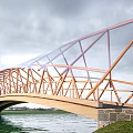 Wooden Arched Landscape Bridge Spanning Water With Grass And Cloudy Sky