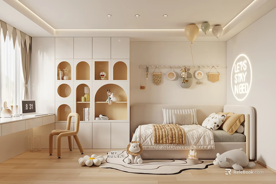 Cozy Kids Room Interior With Arched Cabinets Bed Pillows Stuffed Toys Balloons And Wall Decal 3d model 