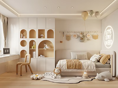 Cozy Kids Room Interior With Arched Cabinets Bed Pillows Stuffed Toys Balloons And Wall Decal 3d model