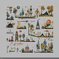 Rustic Style Floral Display with Trees Houses Tents Sun and Clouds Illustration Design