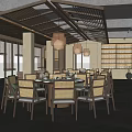 Rustic Traditional Chinese Restaurant Interior With Wooden Ceiling Large Round Table And Pendant Light