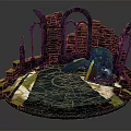 Cartoon Round Ruins Scene with Ancient Stone Arches Pillars Yellow Mechanical Part and Mossy Ground